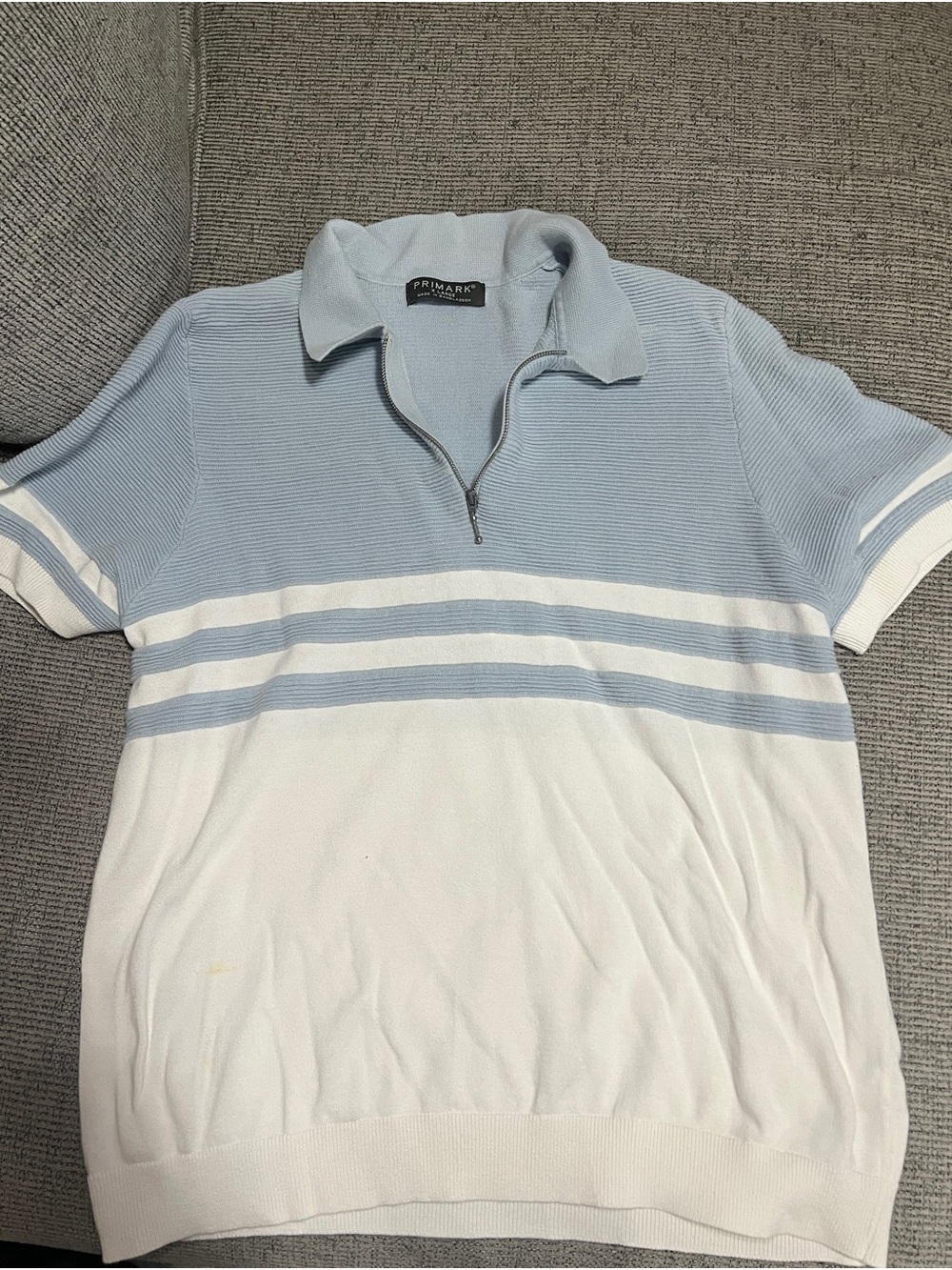 Primark Men’s Light Blue and White Short Sleeve Zip Polo Shirt
